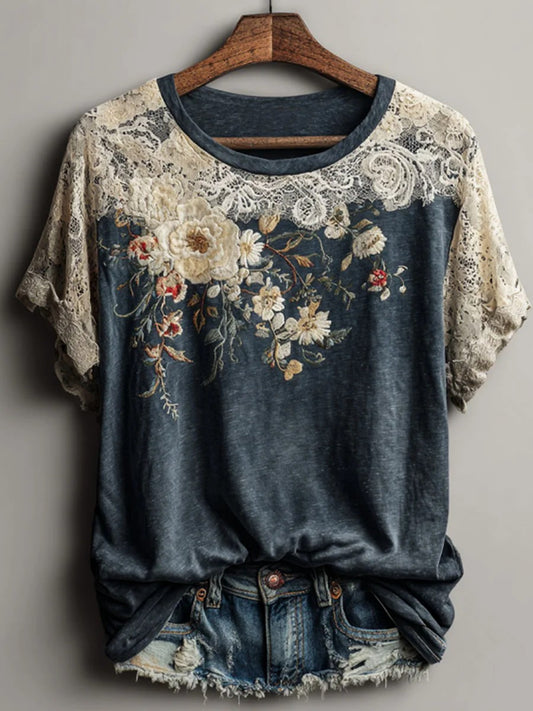 T-shirt décontracté pour femmes, style vintage, imprimé floral artistique, manches courtes