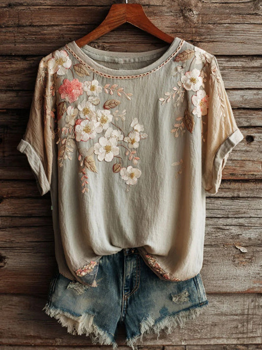 Vintage Floral Art Print Casual T-shirt à manches courtes pour femmes
