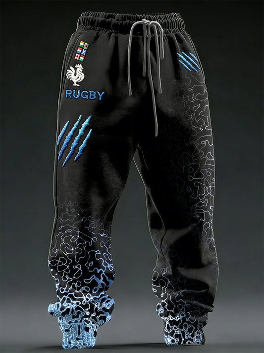 Pantalon de sport décontracté noir et bleu imprimé Rugby français pour homme