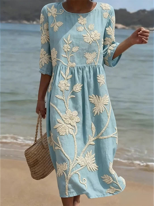 Plante et fleur Imprimer col rond mélange lin mi-longueur robe des femmes