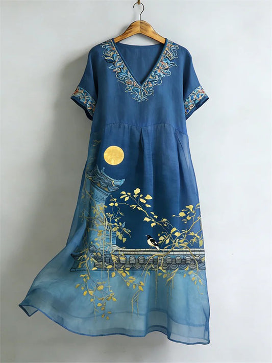 Robe chic en lin d'art de paysage japonais des femmes