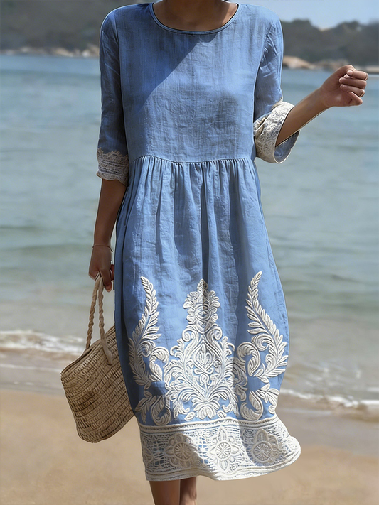 Robe mi-longue en mélange de lin à col rond et imprimé plantes et fleurs pour femme