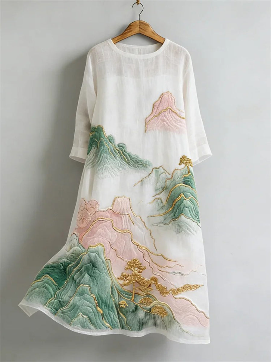 Robe en lin pour femme, style élégant, motif paysage japonais