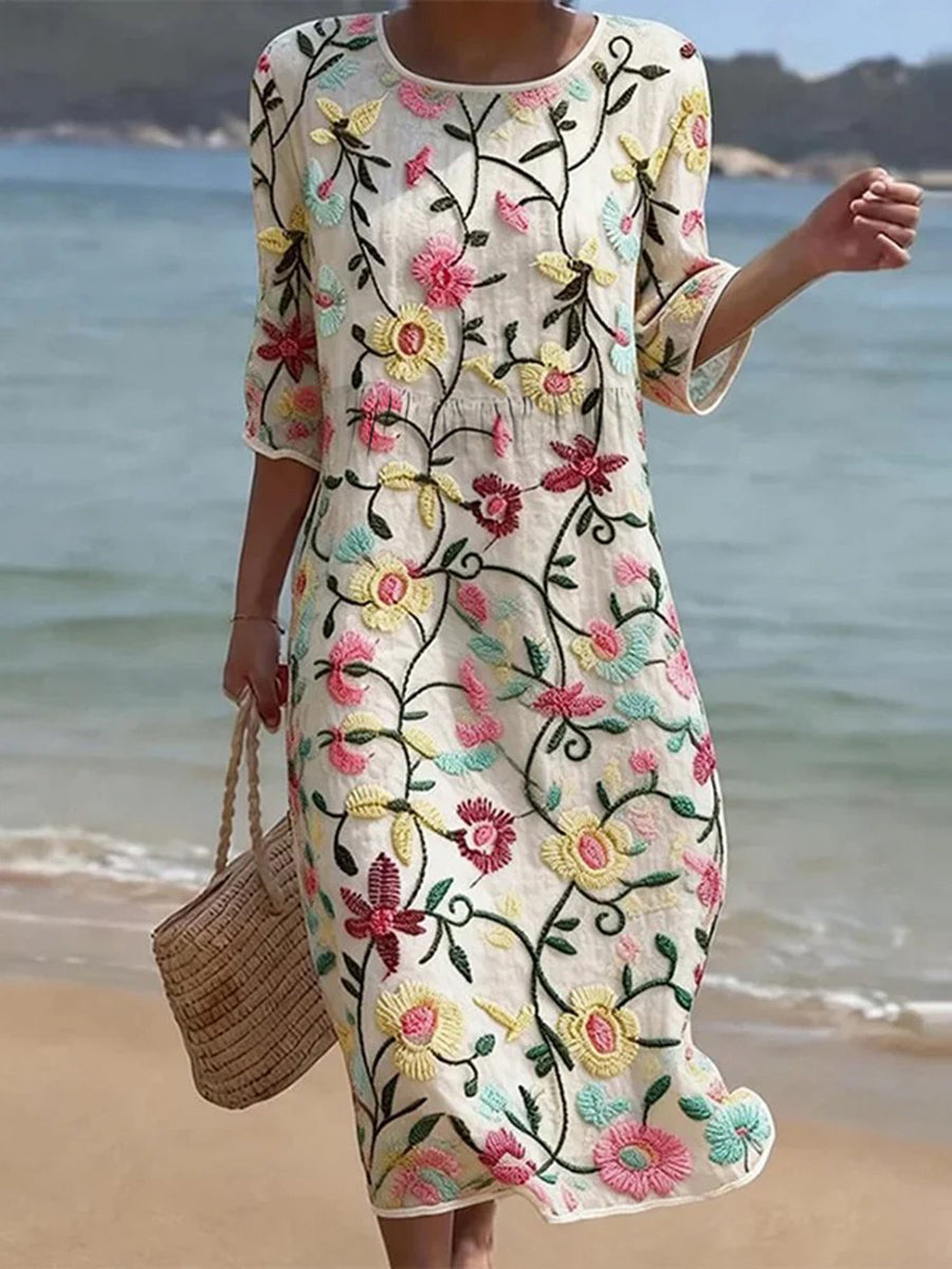 Robe en mélange de lin à motif floral pour femmes