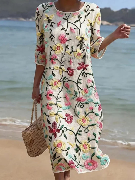 Robe en mélange de lin à motif floral pour femmes