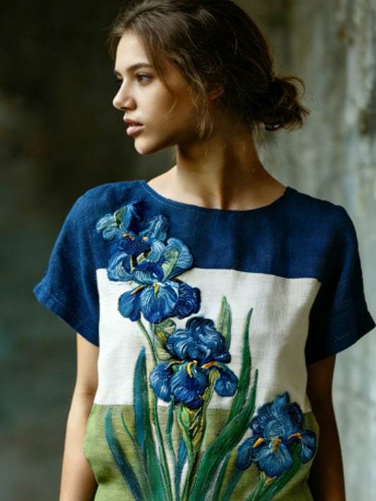 Chemise décontractée en lin fluide brodée d’iris, inspirée d’une peinture à l’huile, pour femme