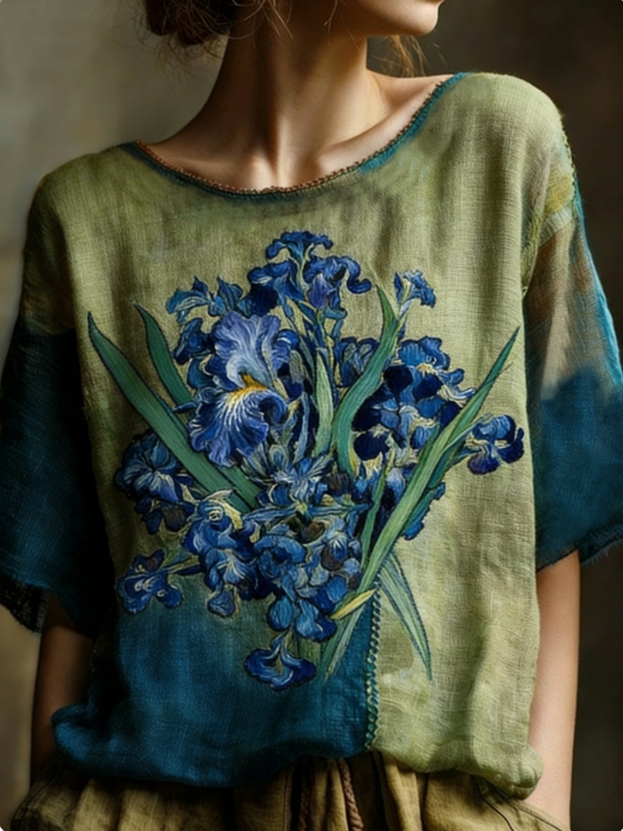 Chemise décontractée en lin fluide brodée d’iris, inspirée d’une peinture à l’huile, pour femme