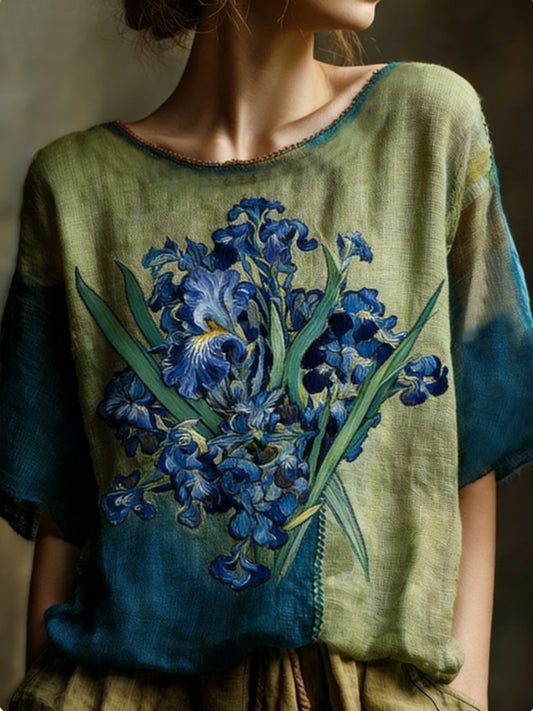 Chemise décontractée en lin fluide brodée d’iris, inspirée d’une peinture à l’huile, pour femme