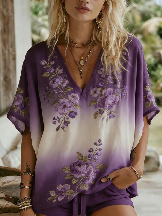 T-shirt décontracté pour femme avec impression artistique florale
