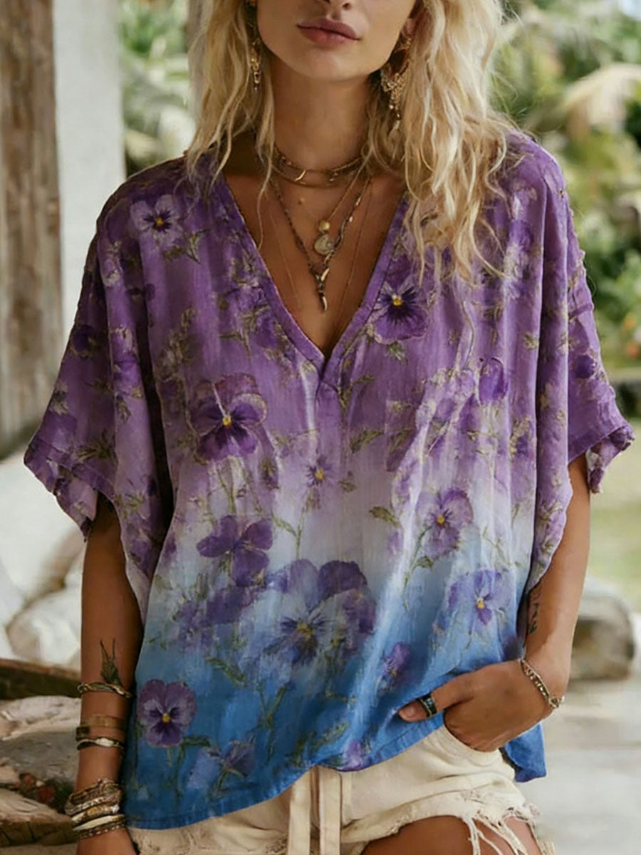 T-shirt décontracté pour femme avec impression artistique florale