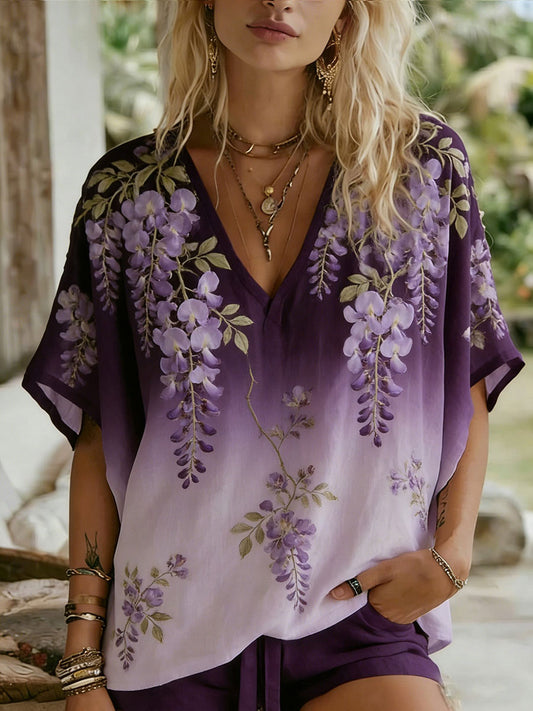 T-shirt décontracté pour femme avec impression artistique florale