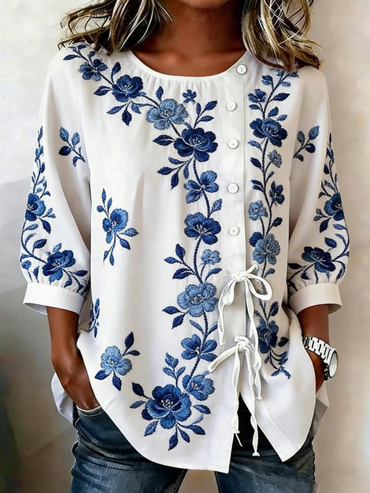Chemise florale à boutons en mélange de lin pour femme