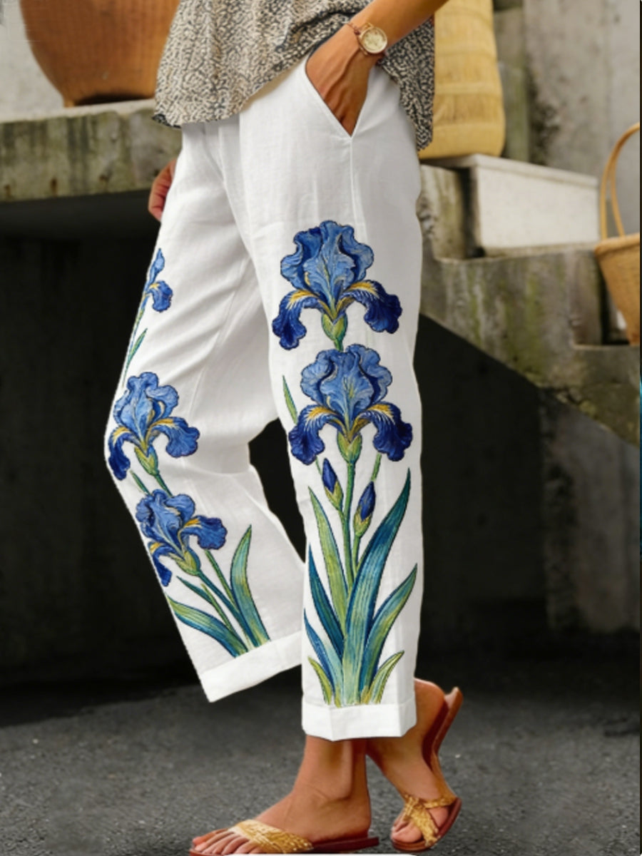 Peinture à l'huile pour femmes inspiré Iris broderie fluide lin pantalon décontracté