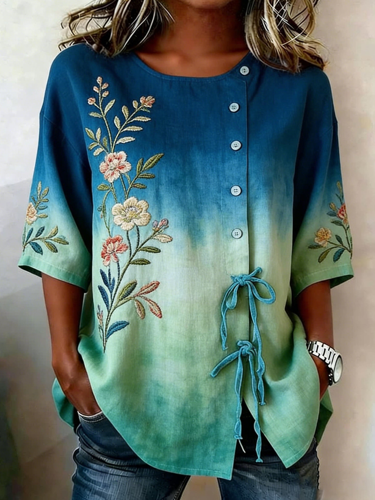 Chemise Femme Boutonnée Florale En Lin Mélangé