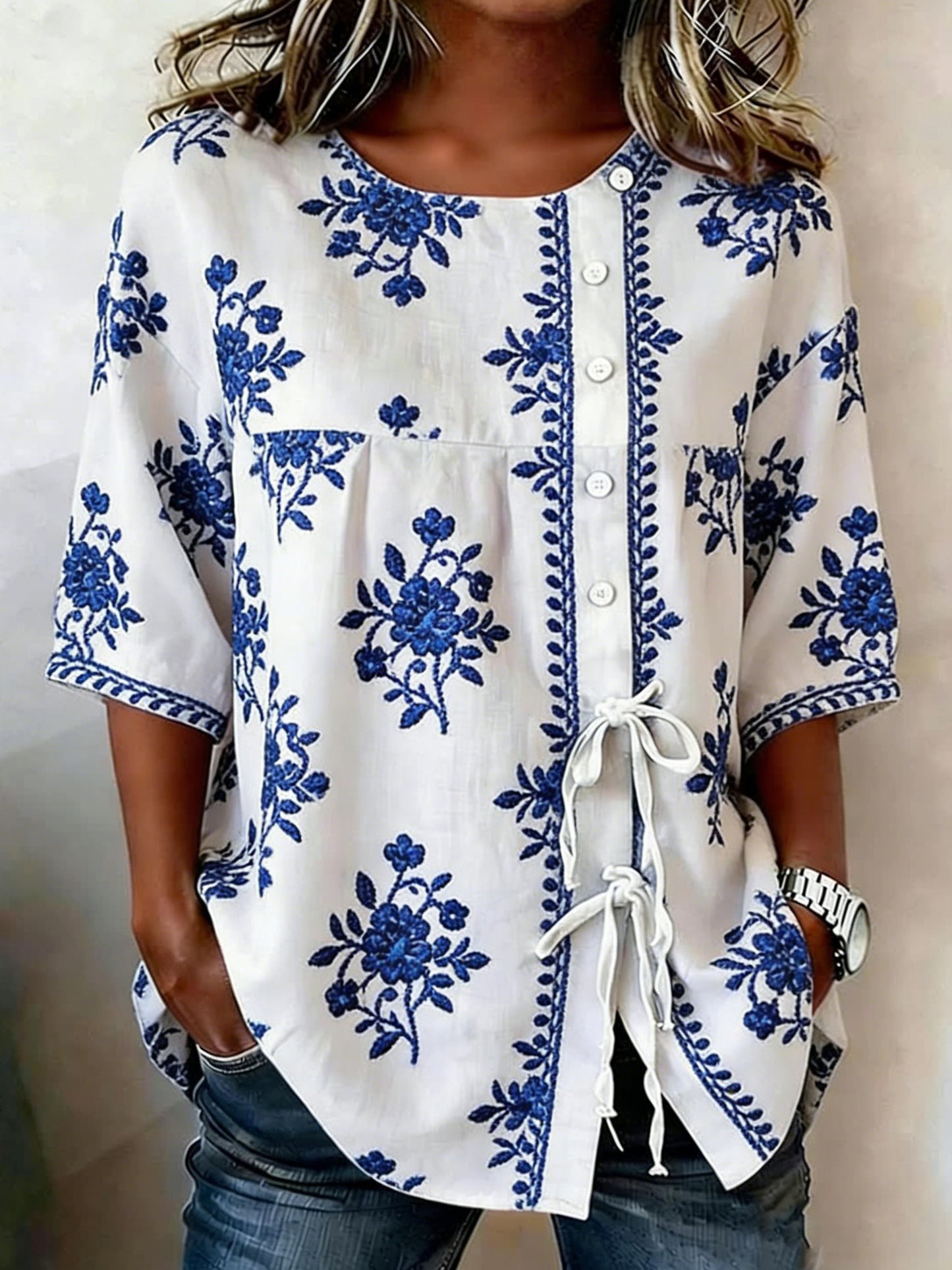 Chemise Femme Boutonnée Florale En Lin Mélangé
