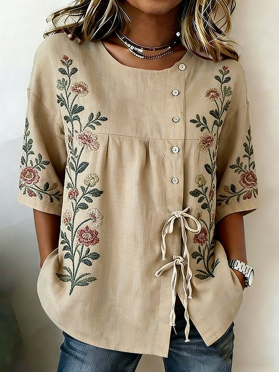 Chemise pour femme en mélange de lin, à boutons, motifs plantes et fleurs