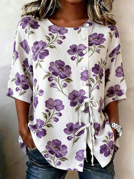 Chemise Femme Boutonnée Florale En Lin Mélangé