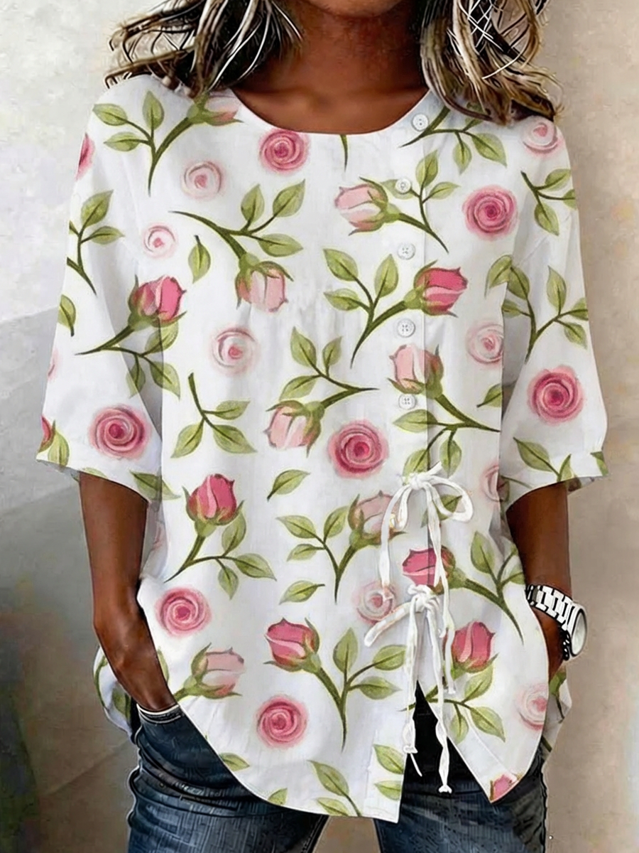Chemise Femme Boutonnée Et Lacée Plantes Et Fleurs En Lin Mélangé