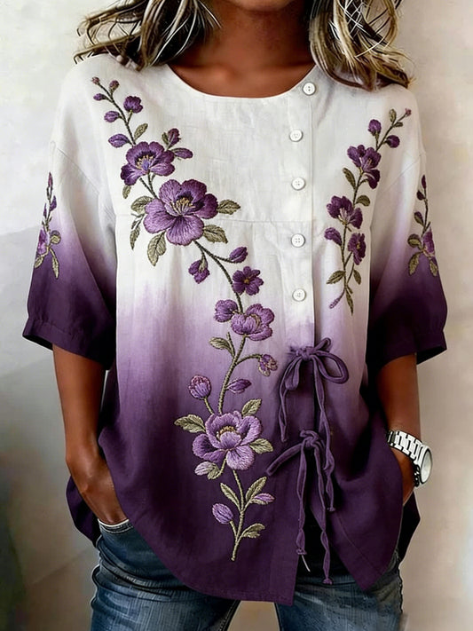 Chemise florale à boutons en mélange de lin pour femme