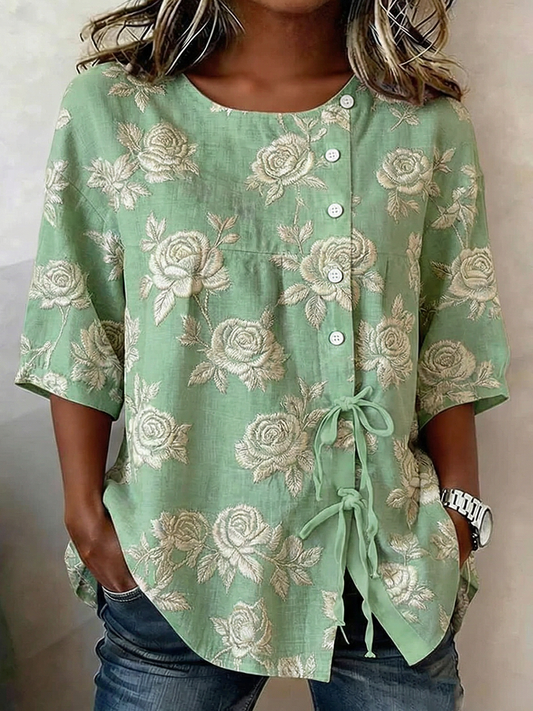 Chemise pour femme en mélange de lin, à boutons et à lacets, motifs plantes et fleurs