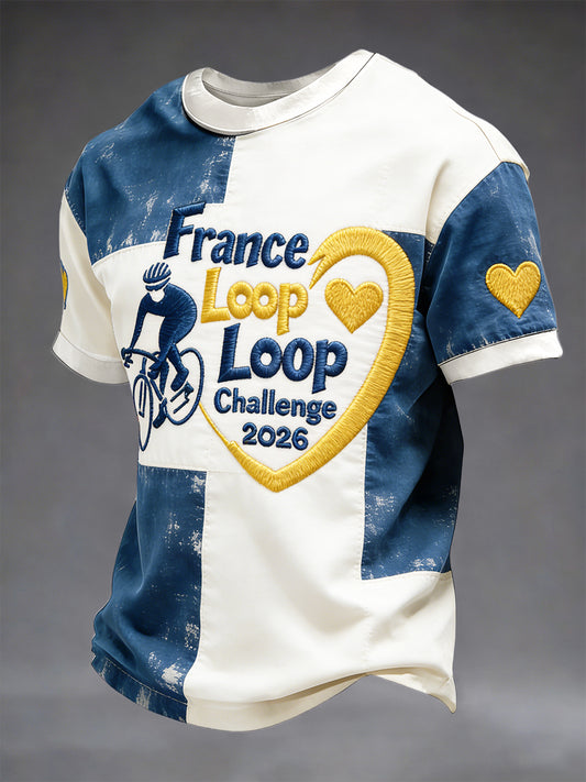 Hommes Français Tour de France Saison Cyclisme Patchwork Imprimer Vintage Casual T-Shirt