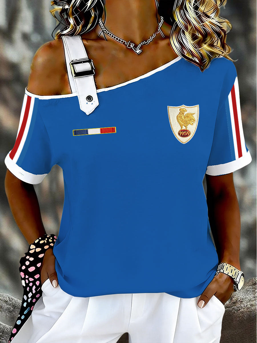 T-shirt asymétrique à épaule dénudée et manches courtes pour femmes, rugby français