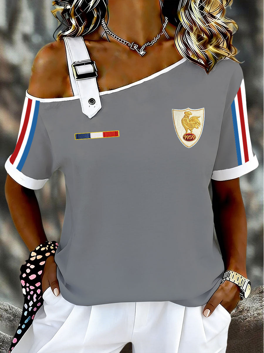 T-shirt asymétrique à épaule dénudée et manches courtes pour femmes, rugby français