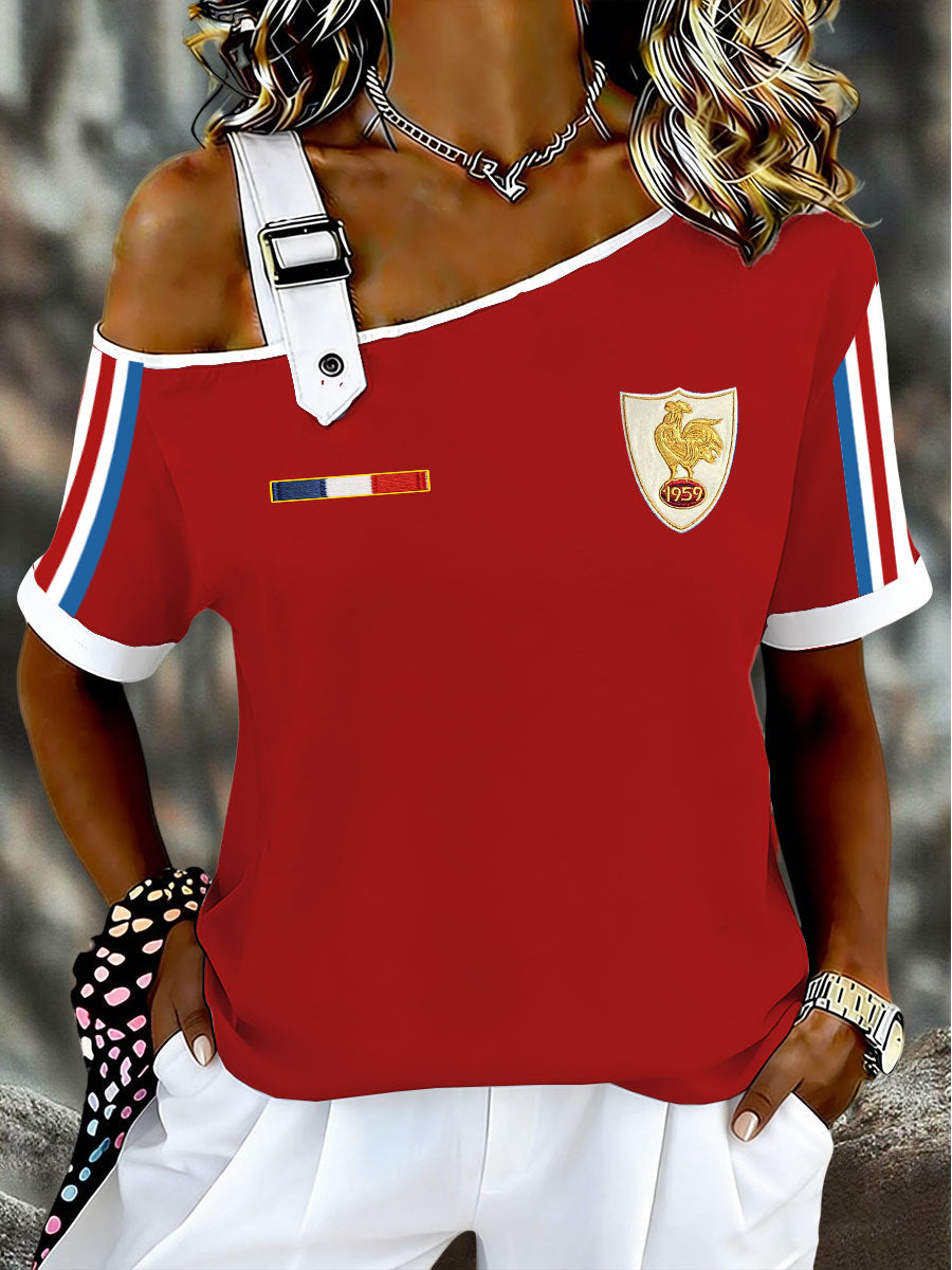 T-shirt asymétrique à épaule dénudée et manches courtes pour femmes, rugby français