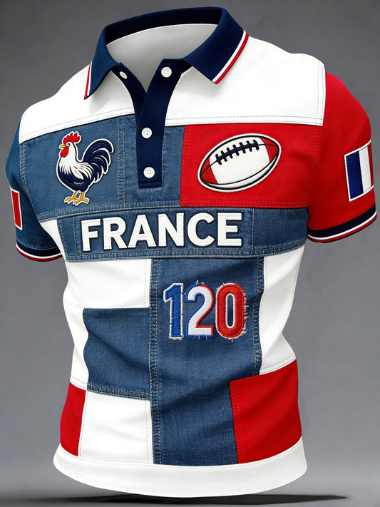 T-shirt polo pour fans de rugby, imprimé artistique sur le thème du drapeau français, pour les supporters