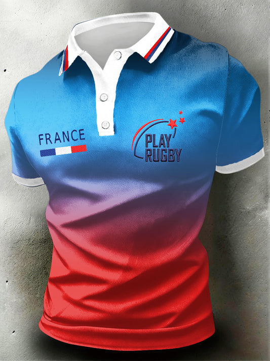 Polo décontracté à imprimé dégradé de rugby français pour hommes