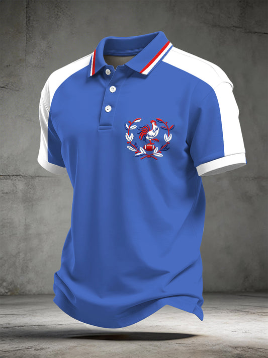 Polo décontracté à manches courtes bleu pour homme, imprimé coq français, style rugby