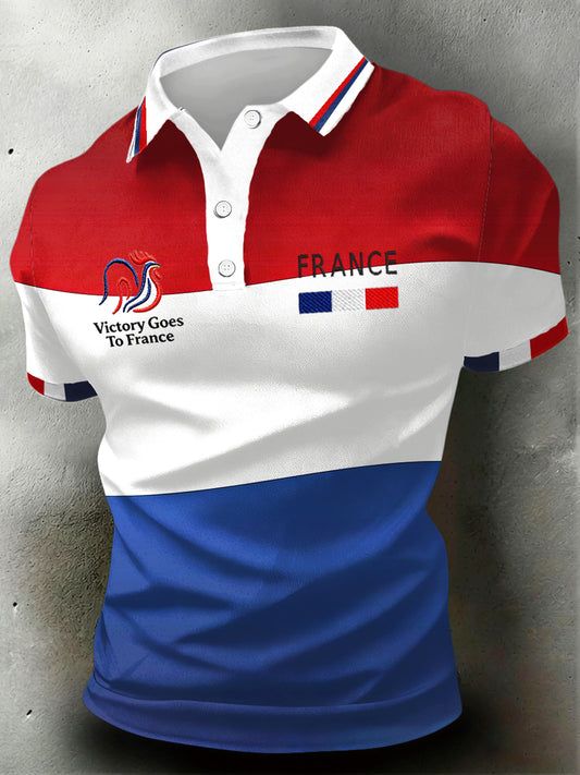 Polo en jersey décontracté imprimé rugby à drapeau français pour hommes