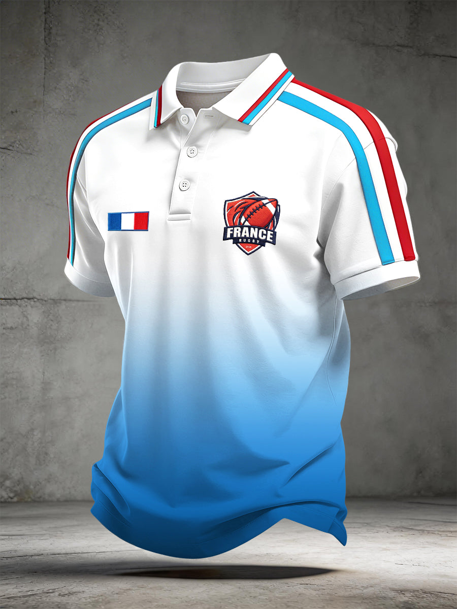 Polo décontracté à manches courtes pour hommes, imprimé dégradé rugby français