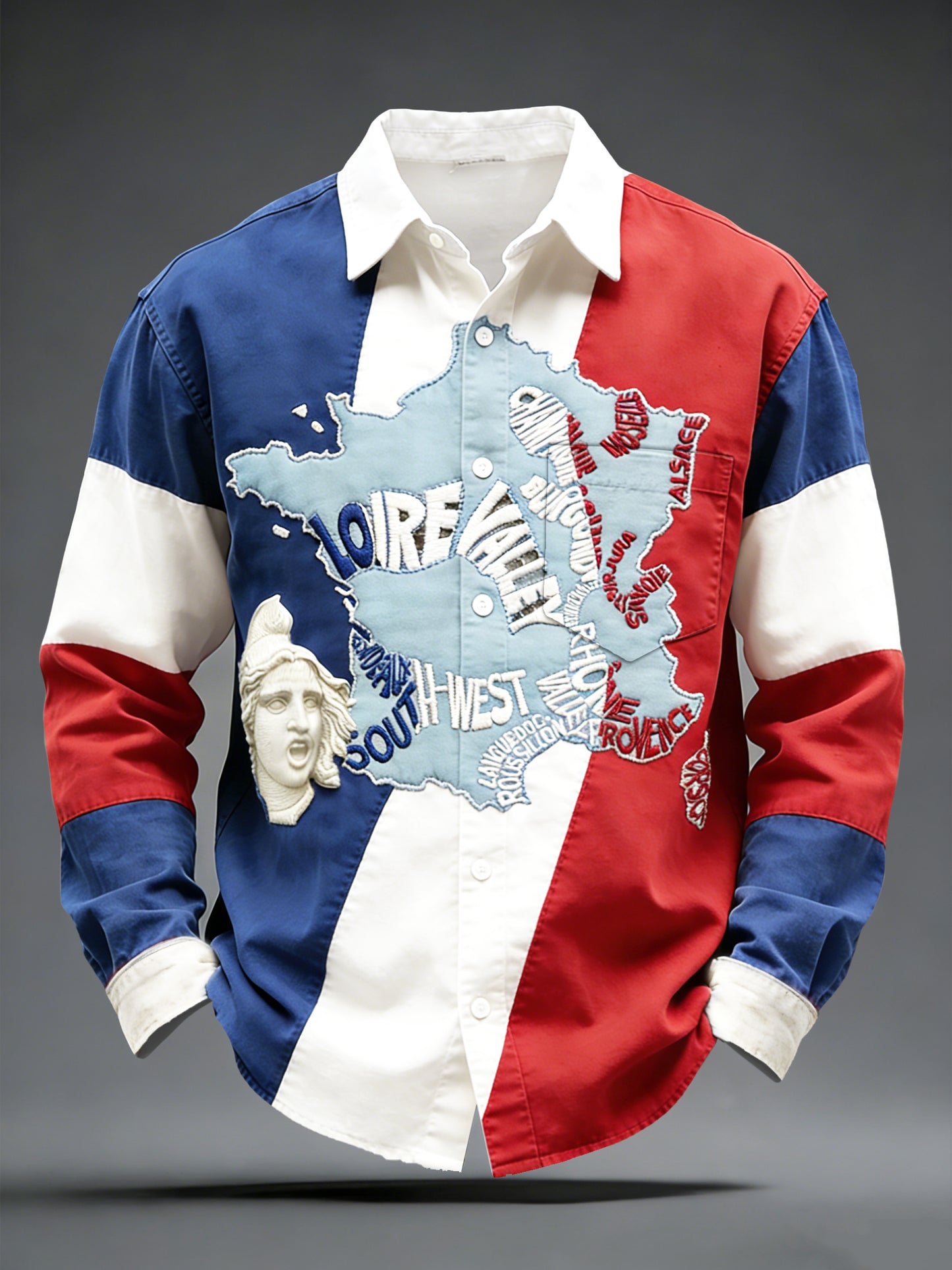 Chemise décontractée pour hommes à imprimé patchwork du drapeau français