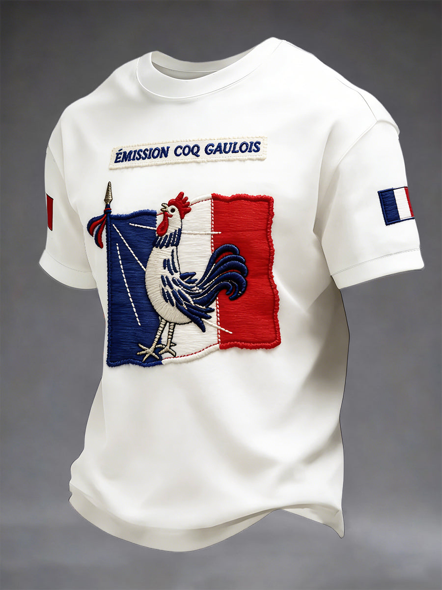 T-shirt décontracté à imprimé de coq drapeau français pour homme