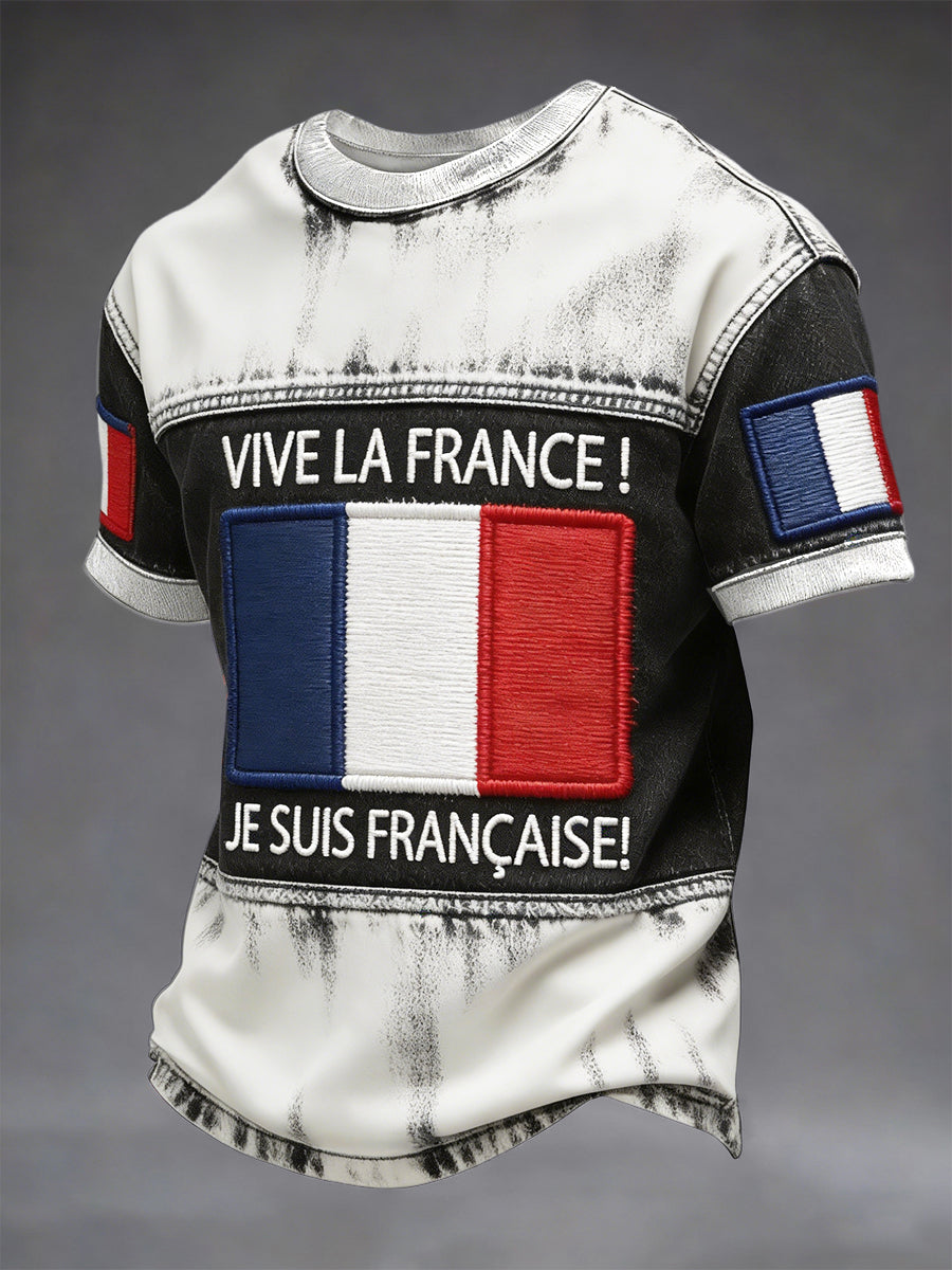 T-shirt décontracté à imprimé patchwork vintage drapeau français pour hommes