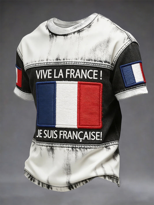 T-shirt décontracté à imprimé patchwork vintage drapeau français pour hommes