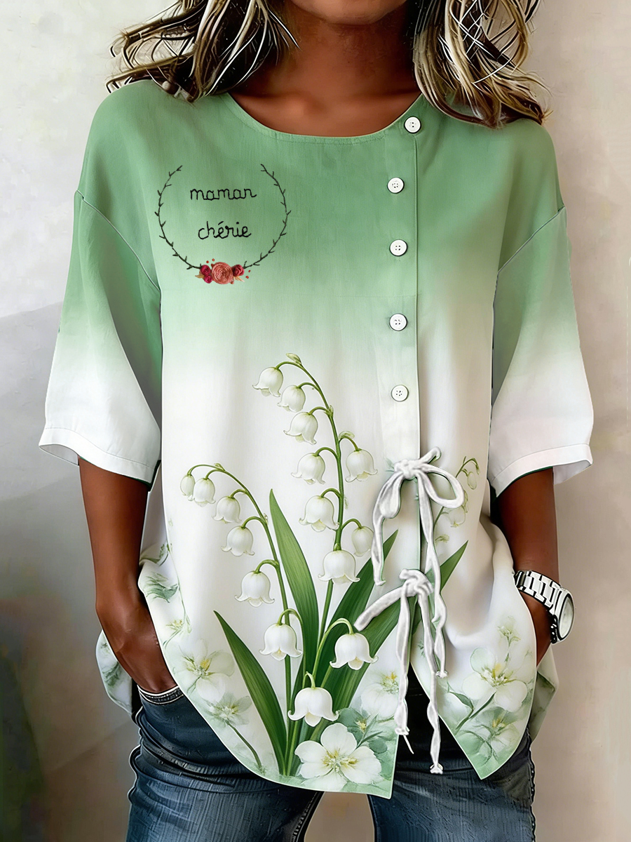 Chemise en coton et lin boutonnée et à lacets pour femmes, «Maman chérie»