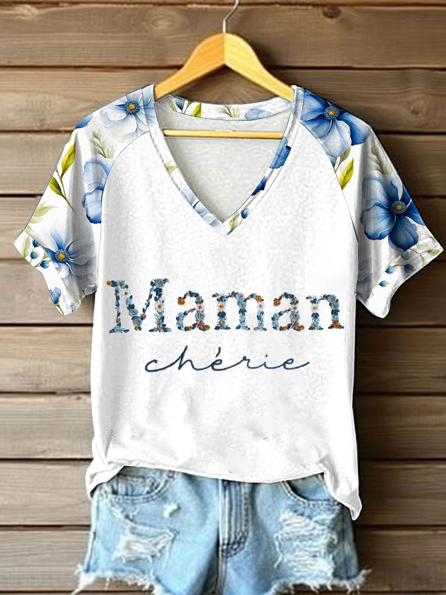 T-shirt pour femmes Maman chérie à col en V et épaules dénudées, manches courtes