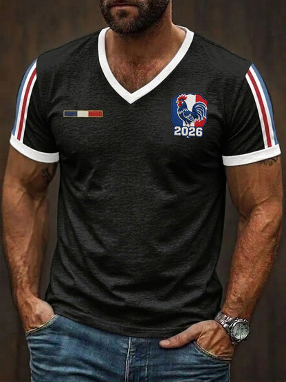 T-shirt à col en V imprimé France Rugby pour hommes
