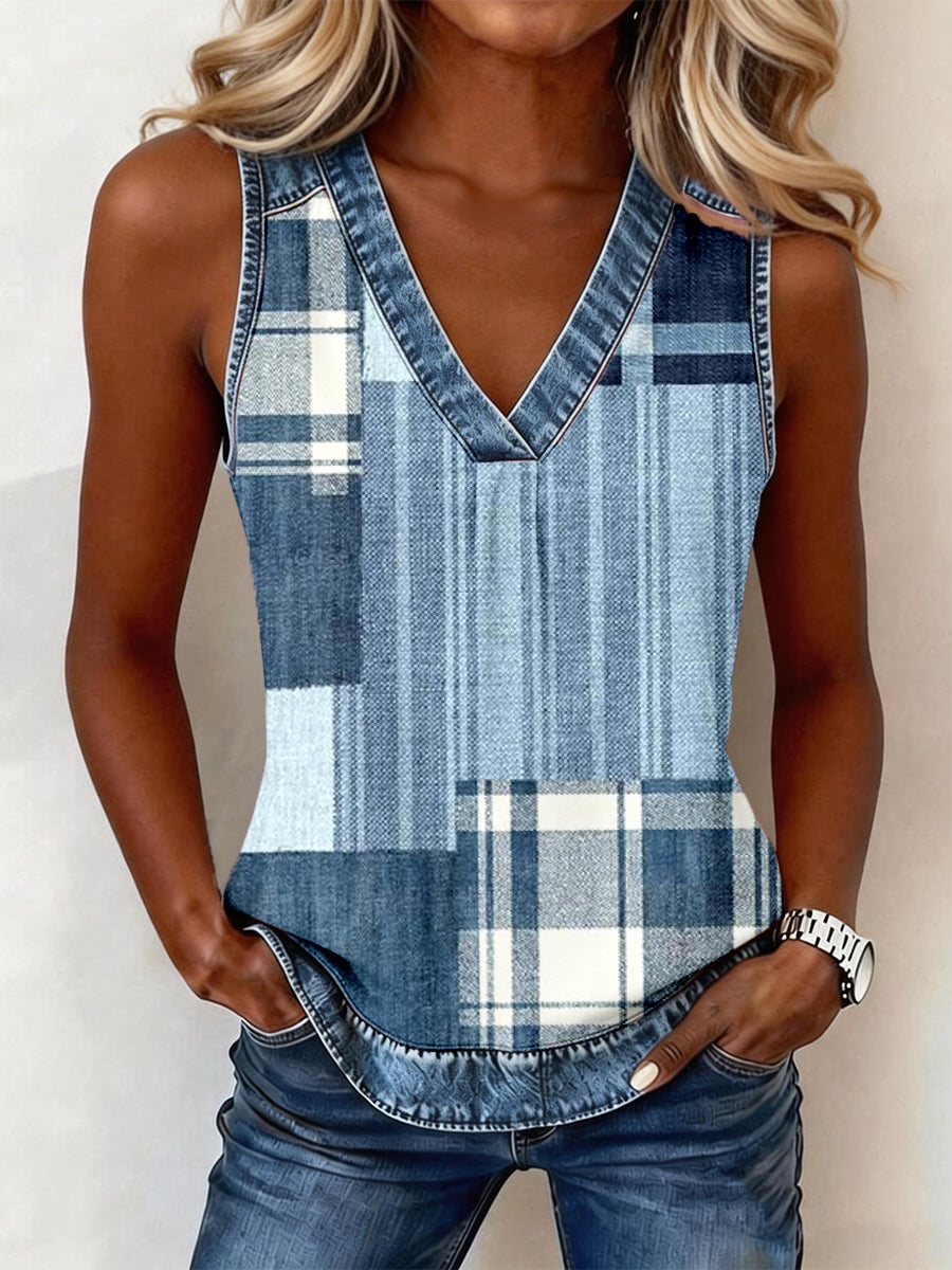 Femmes Denim Patchwork V-Neck Top