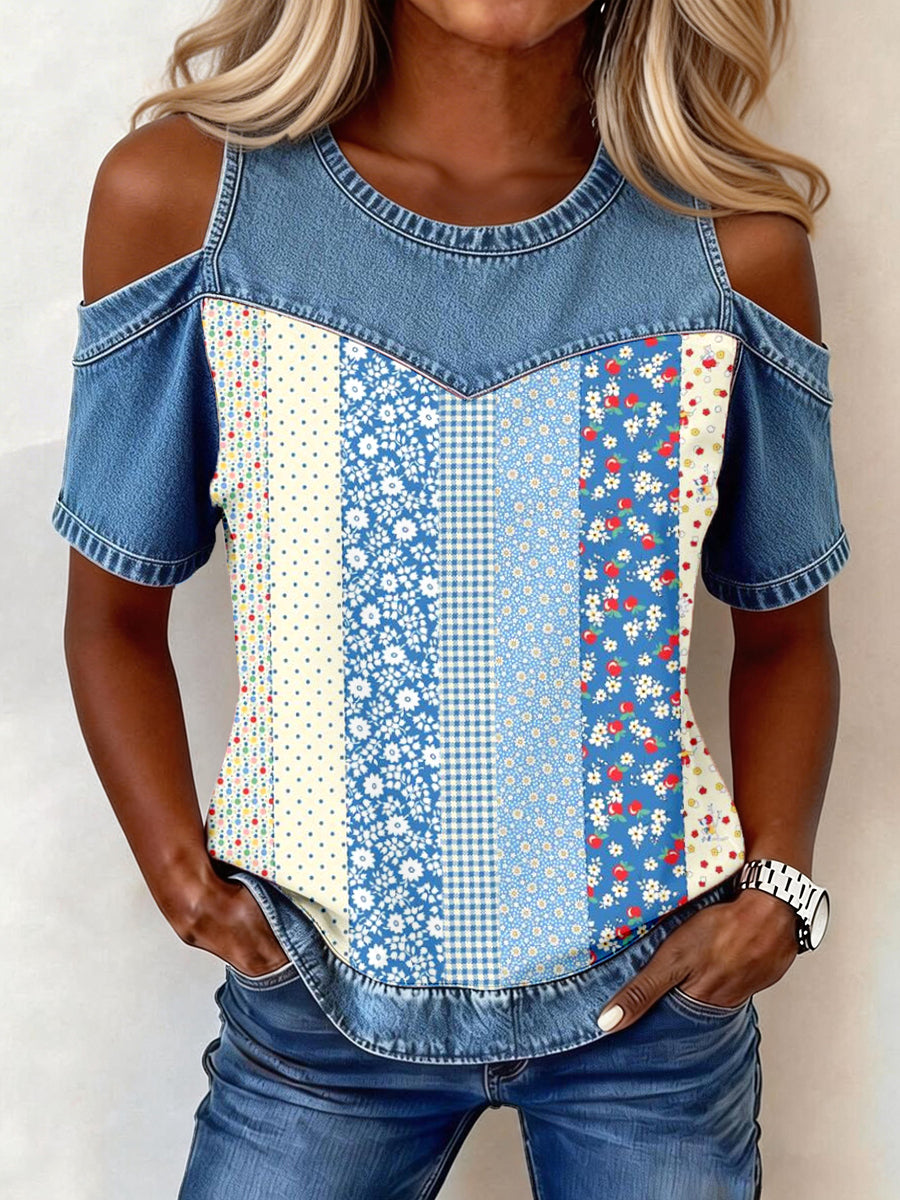 Haut en jean à patchwork et motif floral élégant pour femme