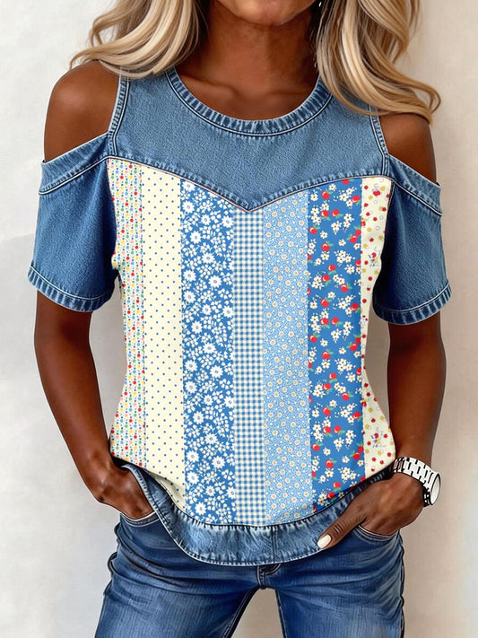 Haut en jean à patchwork et motif floral élégant pour femme