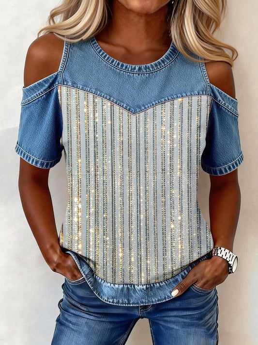 Haut en denim à motifs rayés et patchwork pour femmes
