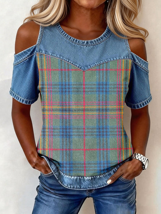 Haut en denim à patchwork et motif écossais vintage pour femme