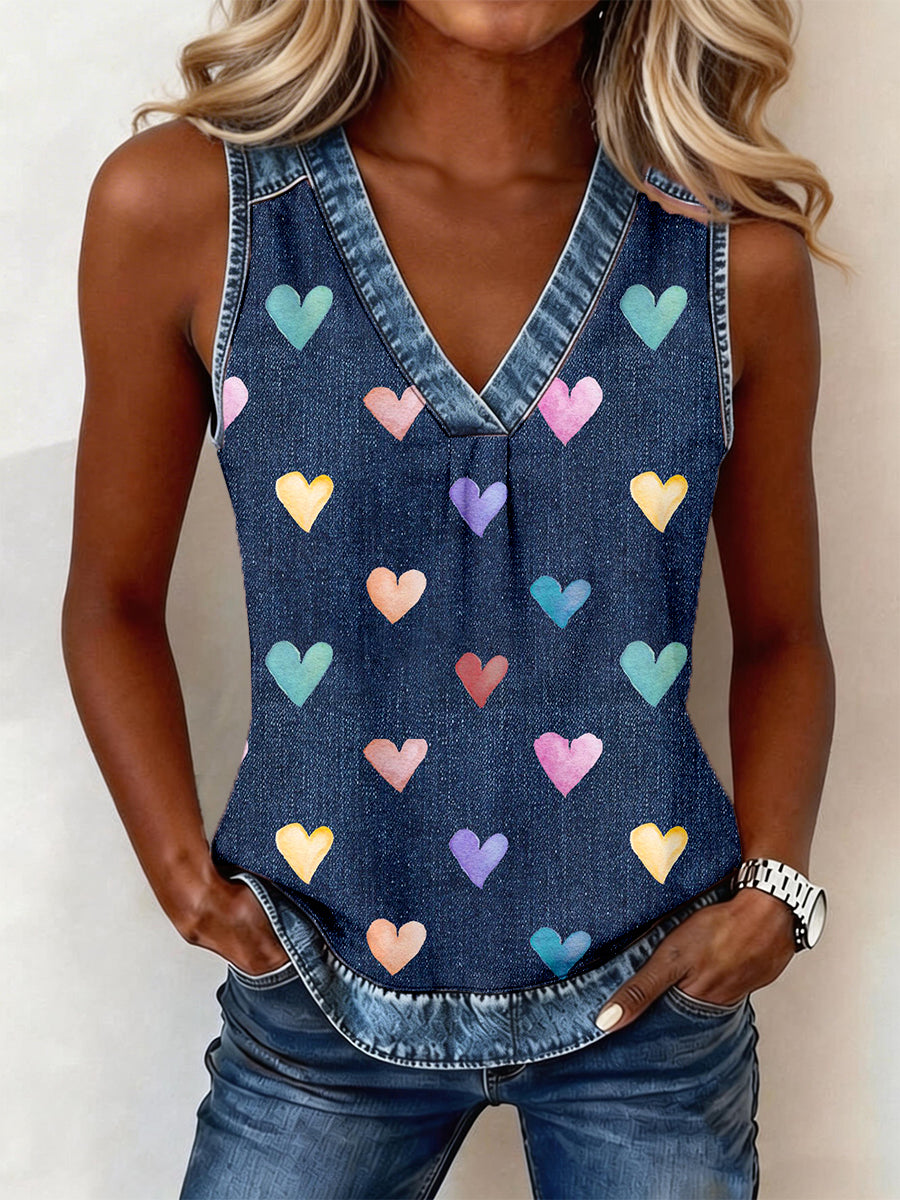 Top en denim à patchwork et col en V pour femme, motif cœur coloré