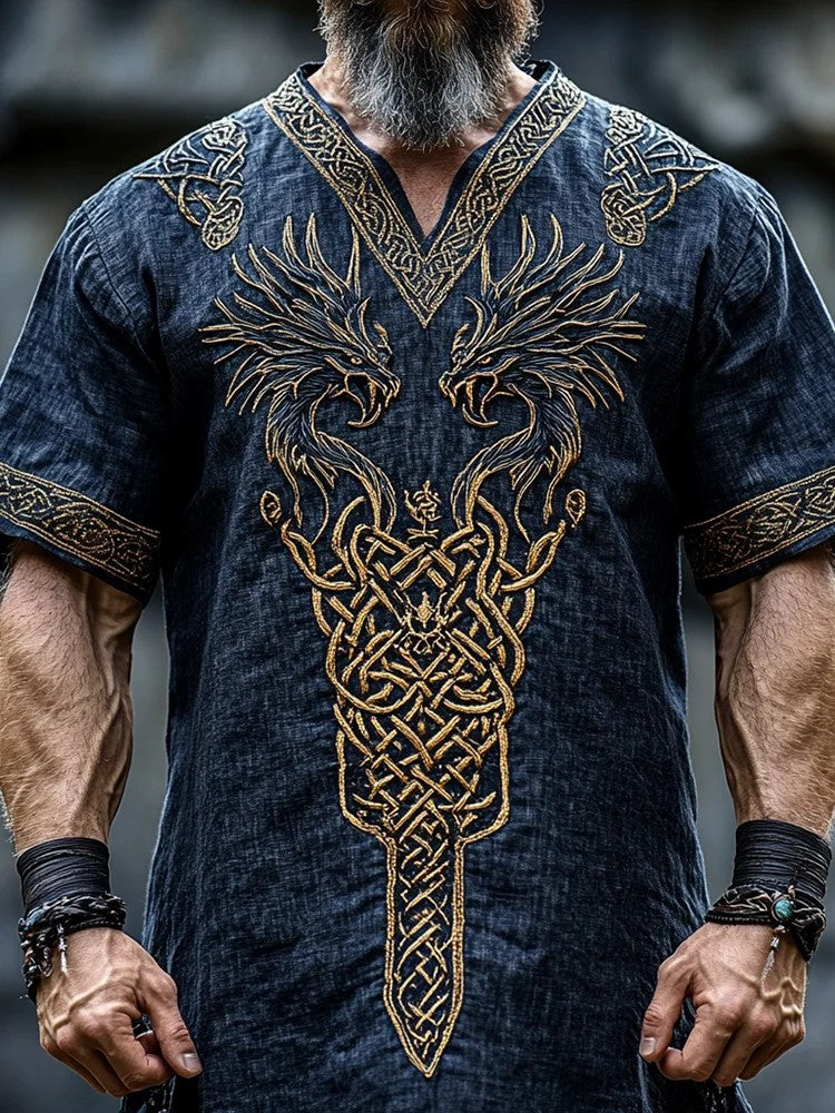 Chemise viking pour hommes à col en V et imprimé