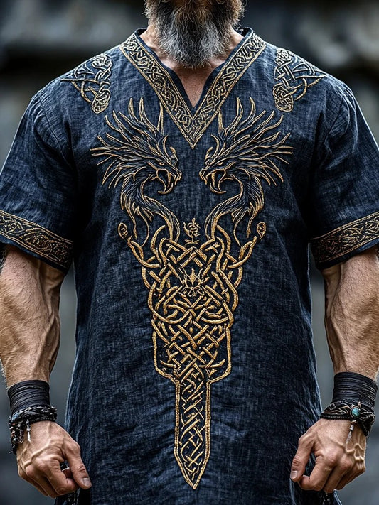 Chemise viking pour hommes à col en V et imprimé