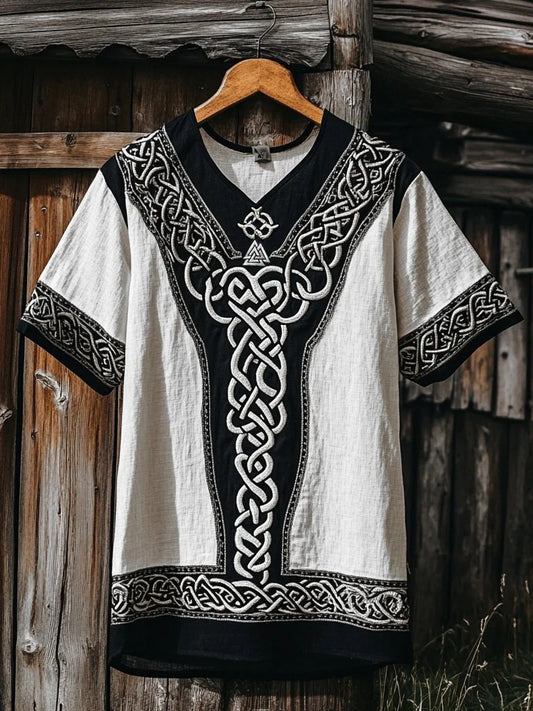 Chemise viking pour hommes à col en V et imprimé
