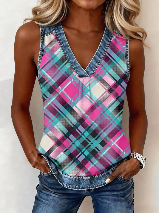 Top vintage en denim à imprimé écossais et patchwork, col en V, pour femme